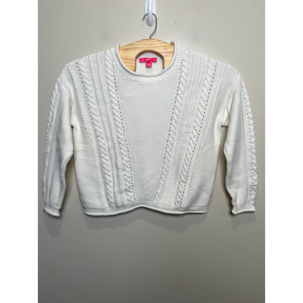 Lilly Pulitzer Womens XL White Cotton Cable Knit Pointelle Crew Neck Sweater